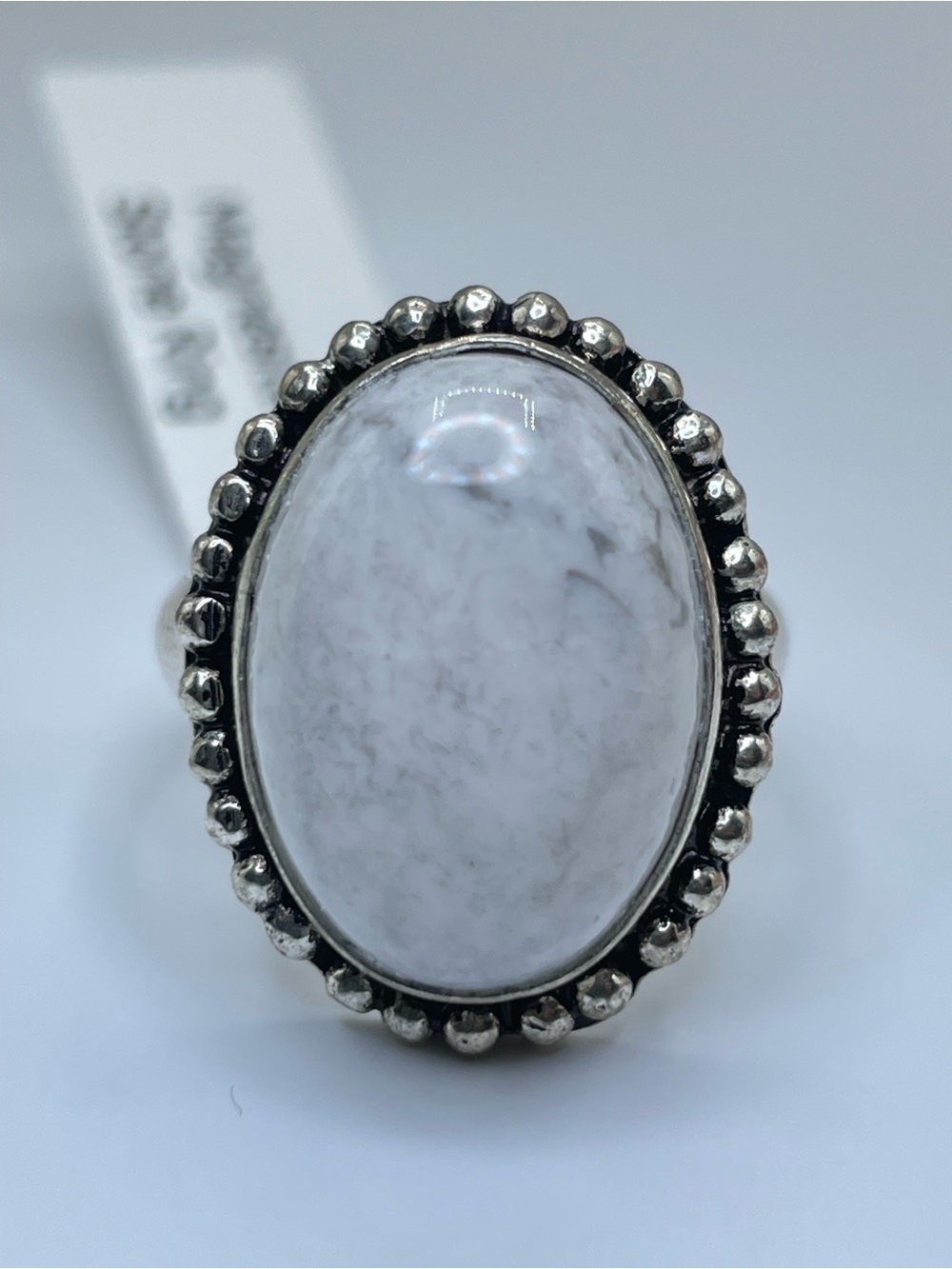 White Magnesite Oval Cabochon Artisan Boho Statement Ring Silver Tone Sz 8